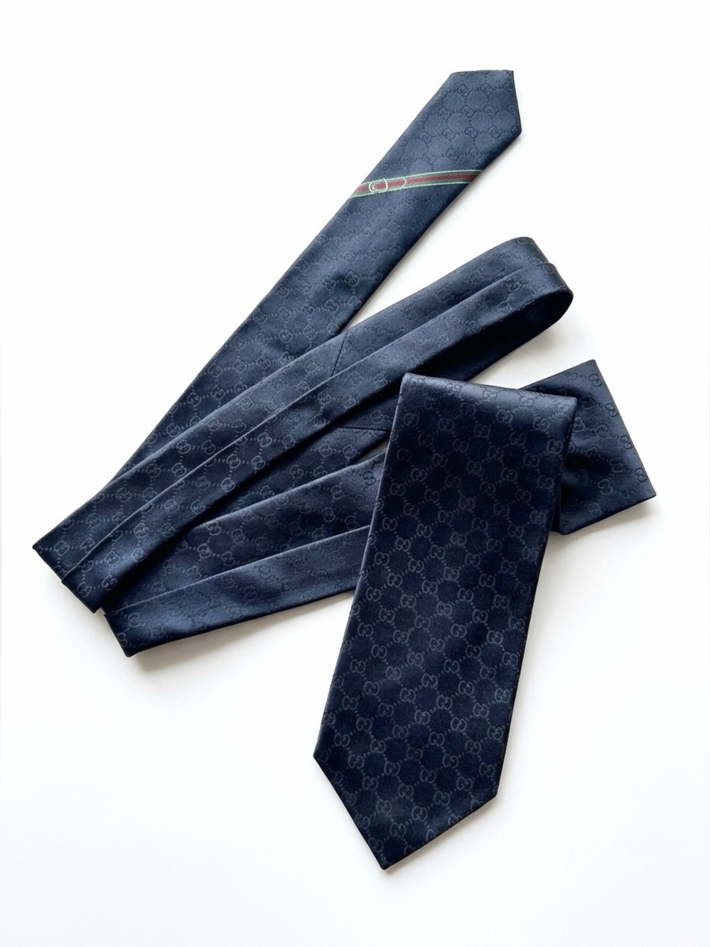 Gucci Black GG Monogram Silk Tie with Signature Stripe